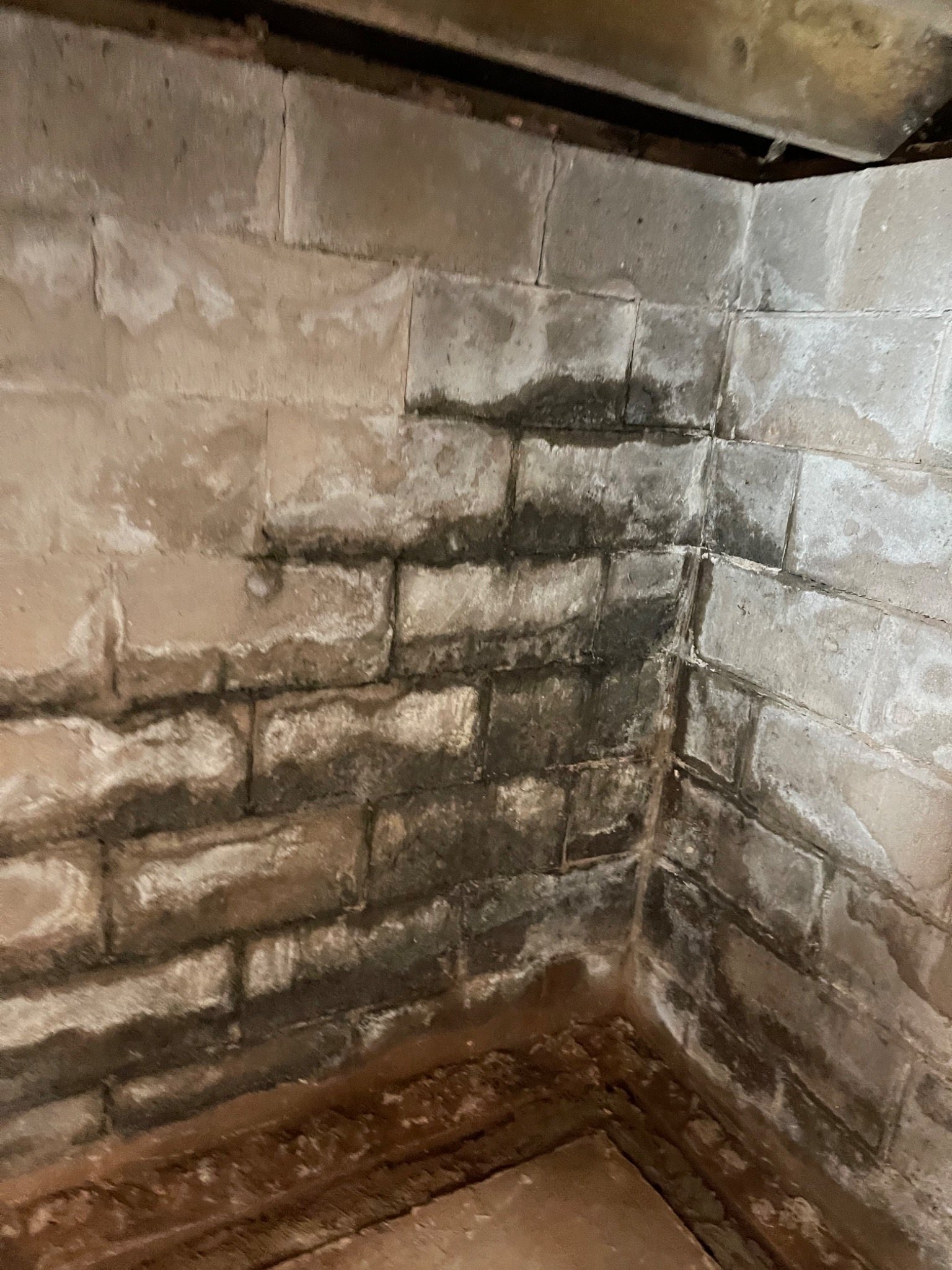 Interior concrete block foundation wall with moisture staining
